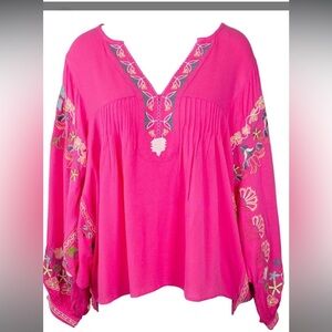 Easel  Vibrant Fuchsia Embroidered Oversize Blouse Size Small Y2K